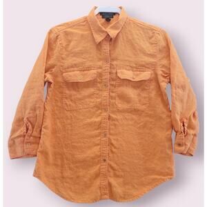 🧡 Lauren Ralph Lauren Women’s Linen Roll-Tab Button-Up Shirt – M – Orange – EUC